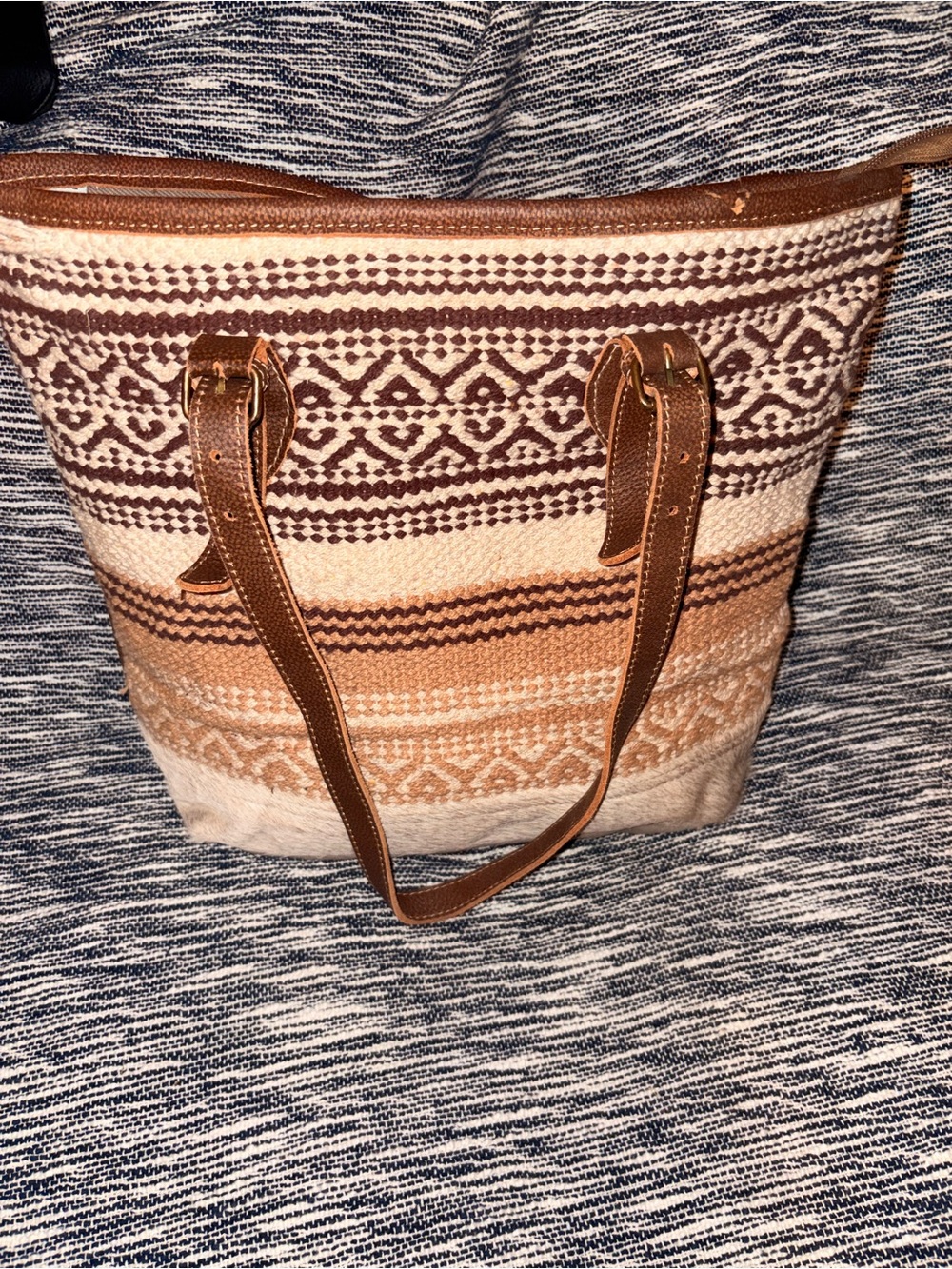 Brown & Cream Woven Tote with Leather Straps